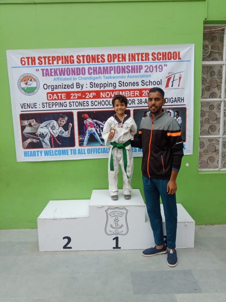 Bhavik Jindal won the bronze medal at Stepping Stones Open Inter School Taekwondo Championship 2019.